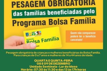 Beneficiários Bolsa Família devem voltar a fazer pesagem obrigatória de crianças e mulheres Dias 08 e 09 de Dezembro‼