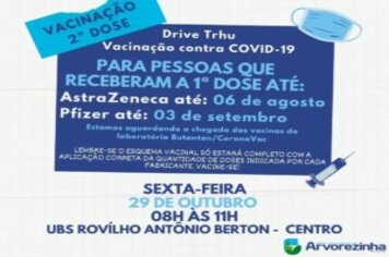 ATENÇÃO‼️ 2ª DOSE DA VACINA CONTRA A COVID-19 SERÁ NA SEXTA-FEIRA, 29 DE OUTUBRO