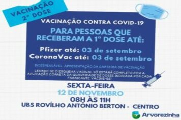 ATENÇÃO‼️ 2ª DOSE DA VACINA CONTRA A COVID-19 SERÁ NA SEXTA-FEIRA, 12 DE NOVEMBRO